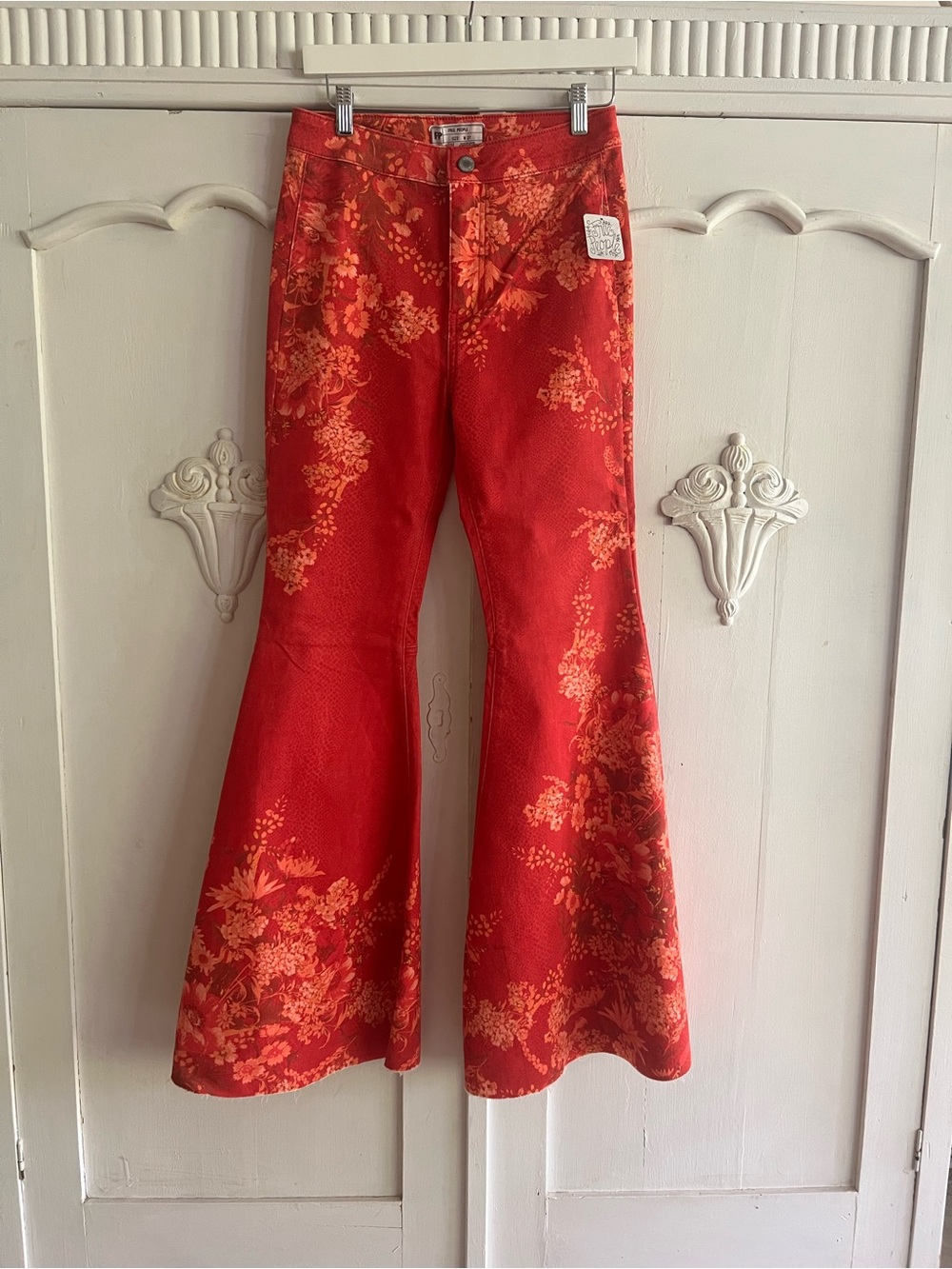 NWT Free People Just Float On Red Orange Floral Flare Jeans Bellbottoms Fall 27